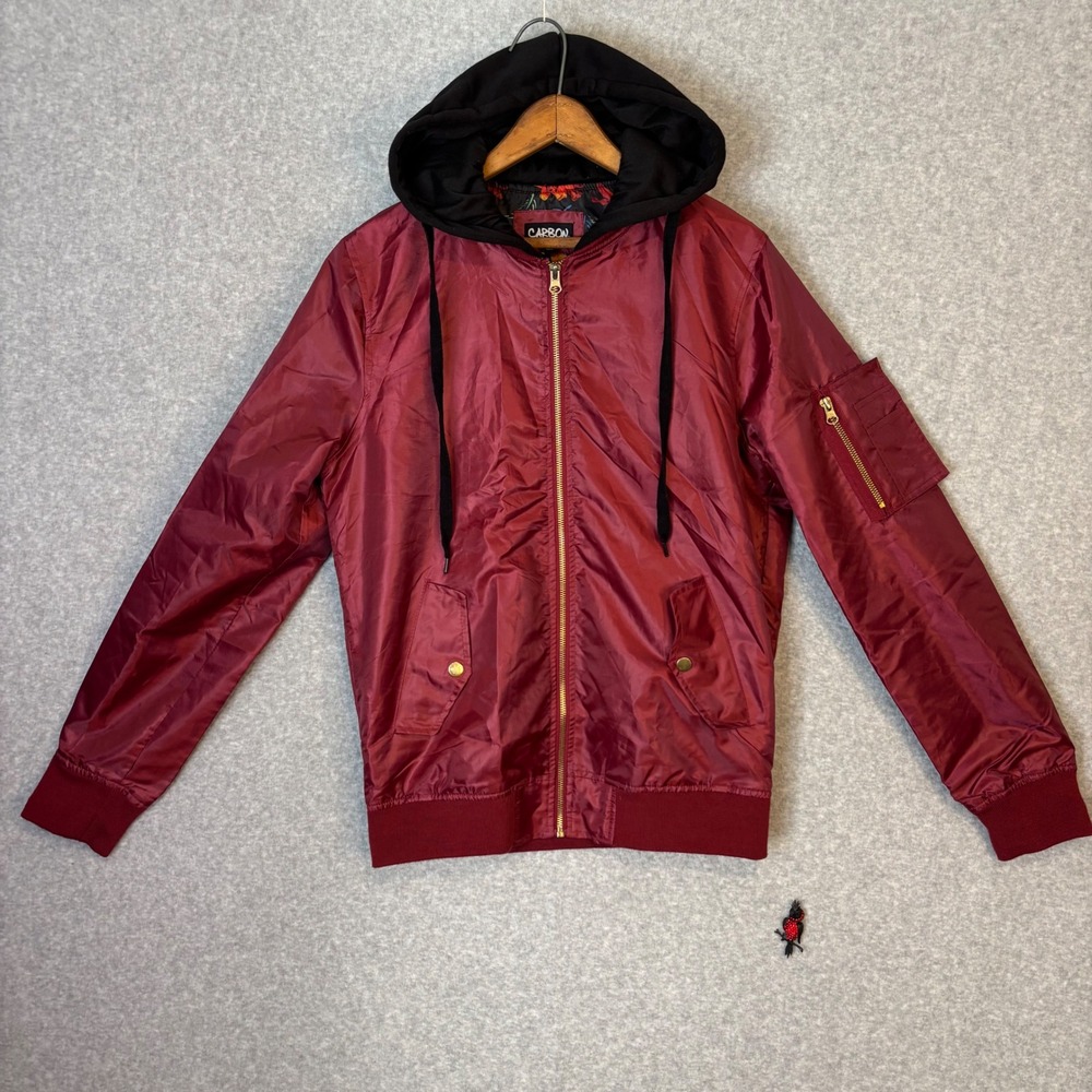 CARBON‎ Women's Small Burgundy Bomber Jacket Hooded Floral Lined Zip Up Hoodie